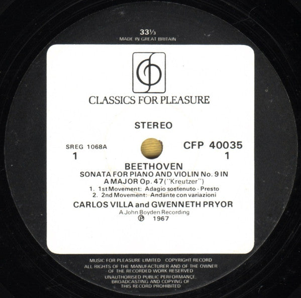 Ludwig van Beethoven - Gwenneth Pryor, Carlos Villa (2) : Kreutzer & Spring Sonatas For Violin & Piano (LP, RE)