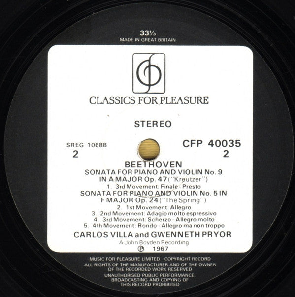 Ludwig van Beethoven - Gwenneth Pryor, Carlos Villa (2) : Kreutzer & Spring Sonatas For Violin & Piano (LP, RE)