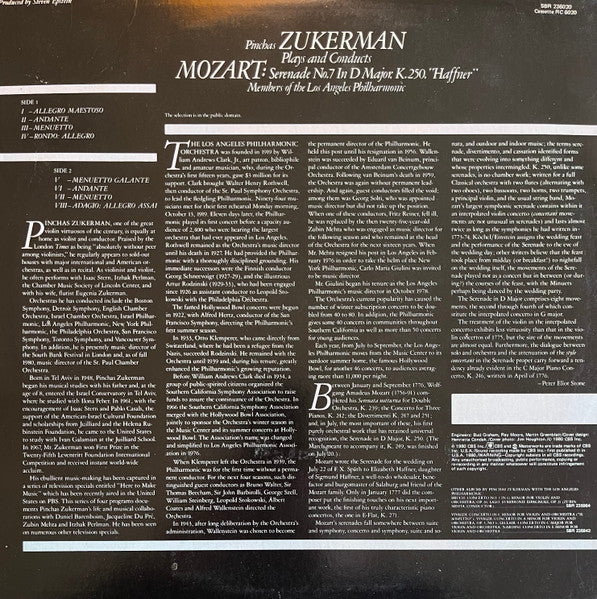 Pinchas Zukerman Plays And Conducts Wolfgang Amadeus Mozart, Los Angeles Philharmonic Orchestra : Serenade No. 7 In D Major, "Haffner" (LP, Album)