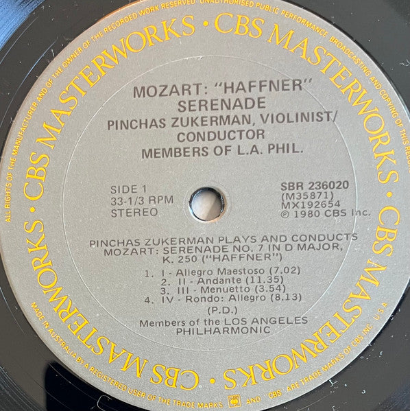 Pinchas Zukerman Plays And Conducts Wolfgang Amadeus Mozart, Los Angeles Philharmonic Orchestra : Serenade No. 7 In D Major, "Haffner" (LP, Album)