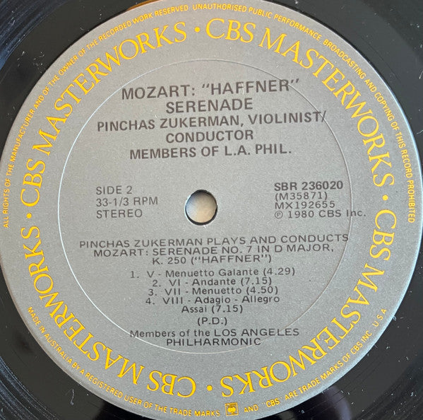 Pinchas Zukerman Plays And Conducts Wolfgang Amadeus Mozart, Los Angeles Philharmonic Orchestra : Serenade No. 7 In D Major, "Haffner" (LP, Album)