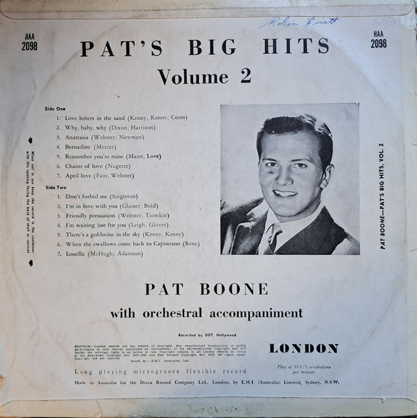 Pat Boone : Pat`s Big Hits Volume 2 (LP, Comp)