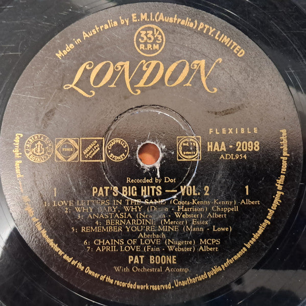 Pat Boone : Pat`s Big Hits Volume 2 (LP, Comp)