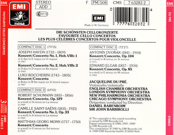 Jacqueline Du Pré : Die Schönsten Cellokonzerte = Favourite Cello Concertos = Les Plus Célèbres Concertos Pour Violoncelle (3xCD, Comp, RM, RP, EMI)