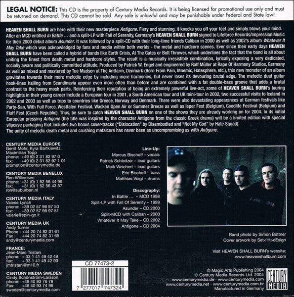 Heaven Shall Burn : Antigone (CD, Album, Promo)