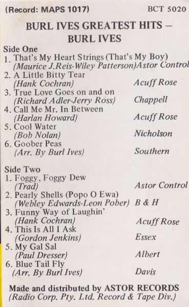 Burl Ives : Burl Ives Greatest Hits (Cass, Comp, RE)