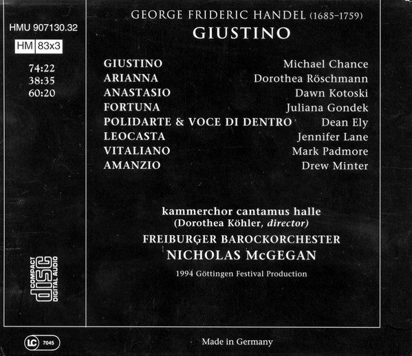 Handel* - Michael Chance, Dorothea Röschmann, Dawn Kotoski, Juliana Gondek, Jennifer Lane (2), Drew Minter, Mark Padmore, Dean Ely, Kammerchor Cantamus Halle, Freiburger Barockorchester, Nicholas McGegan : Giustino (3xCD, Album + CD, Smplr, Bun + Box, Sli)