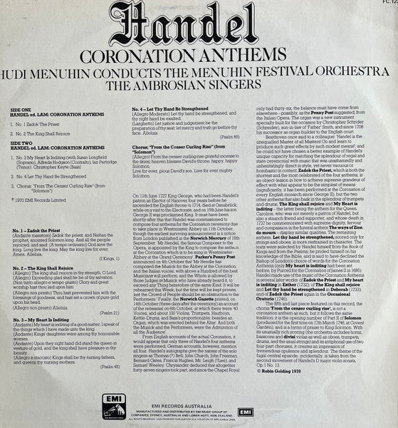 Georg Friedrich Händel, The Ambrosian Singers, Menuhin Festival Orchestra, Yehudi Menuhin : Handel Coronation Anthems (LP)