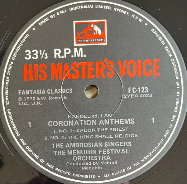 Georg Friedrich Händel, The Ambrosian Singers, Menuhin Festival Orchestra, Yehudi Menuhin : Handel Coronation Anthems (LP)
