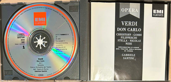 Verdi*, Boris Christoff, Mario Filippeschi, Tito Gobbi, Antonietta Stella, Elena Nicolai, Giulio Neri, Plinio Clabassi, Loretta Di Lelio, Paolo Caroli, Orietta Moscucci, Coro Del Teatro Dell'Opera Di Roma e Giuseppe Conca, Orchestra Del Teatro Dell'Opera Di Roma, Gabriele Santini (2) : Don Carlo (3xCD, Album, Mono, RE, RM)