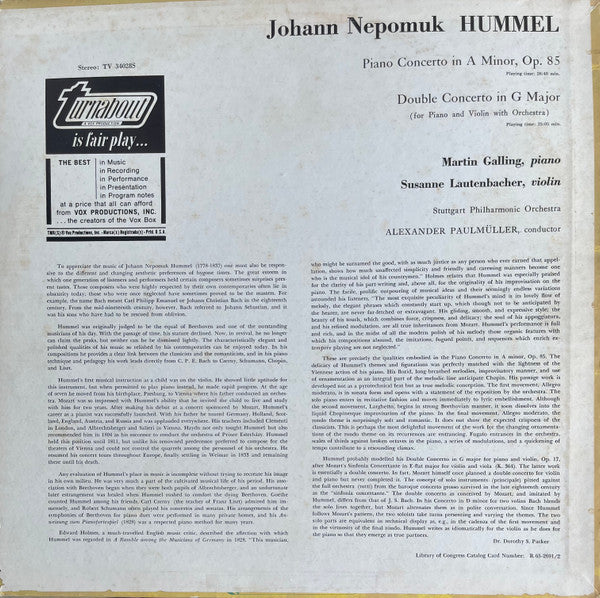 Hummel*, M. Galling* - S. Lautenbacher*, Stuttgarter Philharmoniker, Alexander Paulmüller : Piano Concerto In A Minor, Op.85 / Double Concerto In G Major Op.17 (LP)