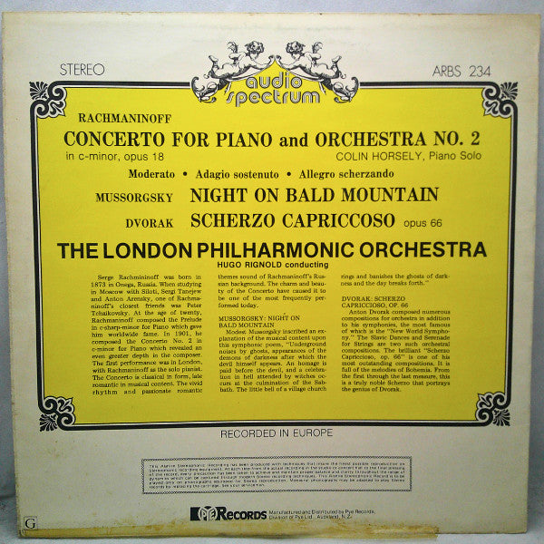 Sergei Rachmaninoff, Modest Mussorgsky, Antonín Dvořák : A Night On Bald Mountain / Scherzo Capriccioso / Concerto For Piano And Orchestra No. 2 C-Minor, Op. 18 (LP, Album)
