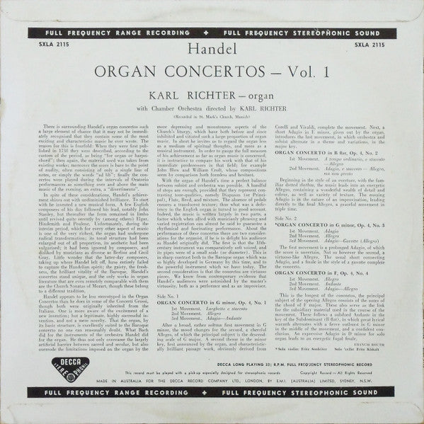 Handel*, Karl Richter With The Karl Richter Chamber Orchestra* : Organ Concertos - Vol. 1 Op. 4 Nos. 1, 2, 3, 4 (LP)