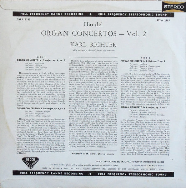 Handel*, Karl Richter With The Karl Richter Chamber Orchestra* : Organ Concertos Vol. 2 Nos. 5, 6, 7, 8 (LP)