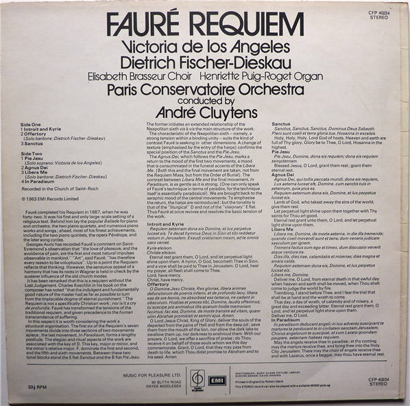 Gabriel Fauré - Paris Conservatoire Orchestra*, Victoria de los Angeles, Dietrich Fischer-Dieskau, André Cluytens : Requiem, Op 48 (LP, RE)