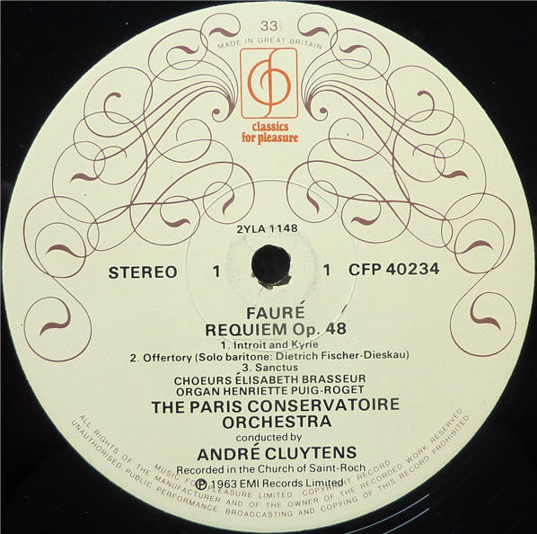 Gabriel Fauré - Paris Conservatoire Orchestra*, Victoria de los Angeles, Dietrich Fischer-Dieskau, André Cluytens : Requiem, Op 48 (LP, RE)