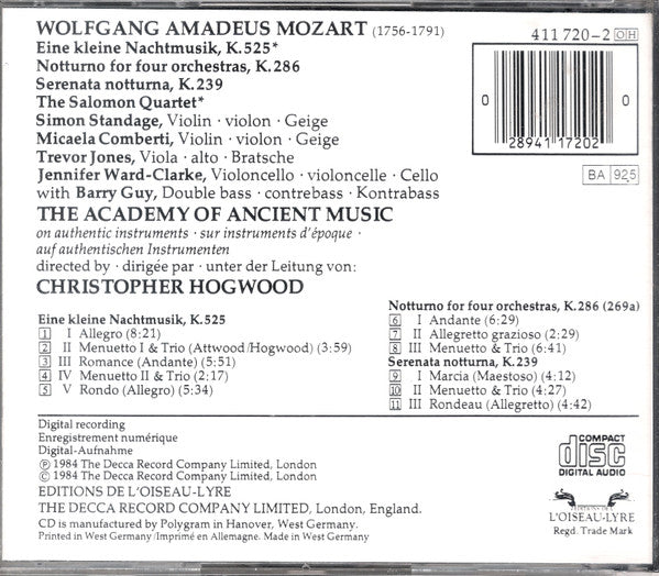 Wolfgang Amadeus Mozart, The Academy Of Ancient Music, Christopher Hogwood : Eine Kleine Nachtmusik · Serenata Notturna · Notturno, K.286 (CD, Album, RE, RP)