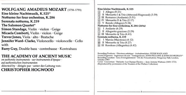 Wolfgang Amadeus Mozart, The Academy Of Ancient Music, Christopher Hogwood : Eine Kleine Nachtmusik · Serenata Notturna · Notturno, K.286 (CD, Album, RE, RP)