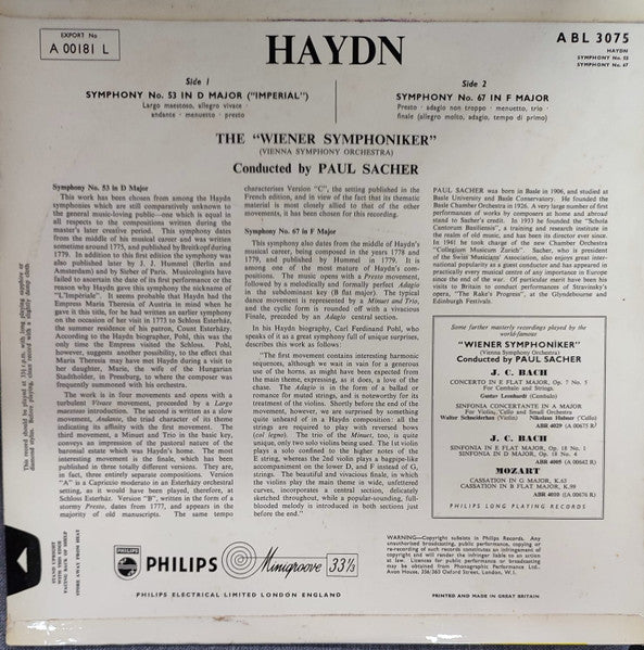 Joseph Haydn - Wiener Symphoniker, Paul Sacher : Symphony No. 53 In D Major ("Imperial") / Symphony No. 67 In F Major (LP, Mono)
