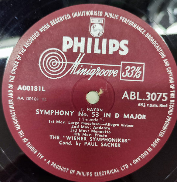 Joseph Haydn - Wiener Symphoniker, Paul Sacher : Symphony No. 53 In D Major ("Imperial") / Symphony No. 67 In F Major (LP, Mono)