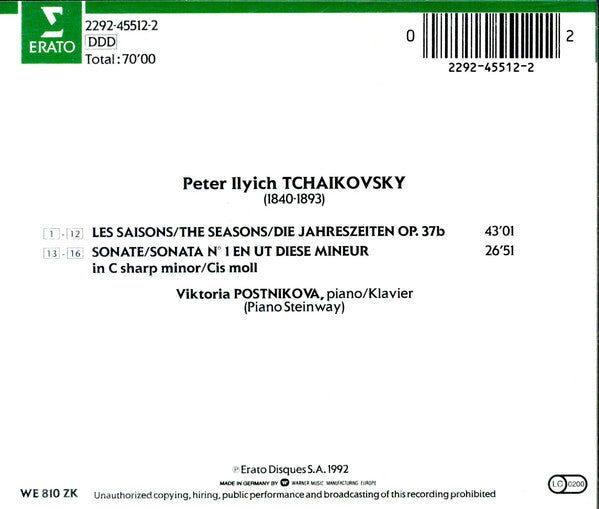 Tchaikovsky* - Viktoria Postnikova* : Времена года = The Seasons = Les Saisons = Die Jahreiszeten Op. 37b, Sonate Op.80 (CD)