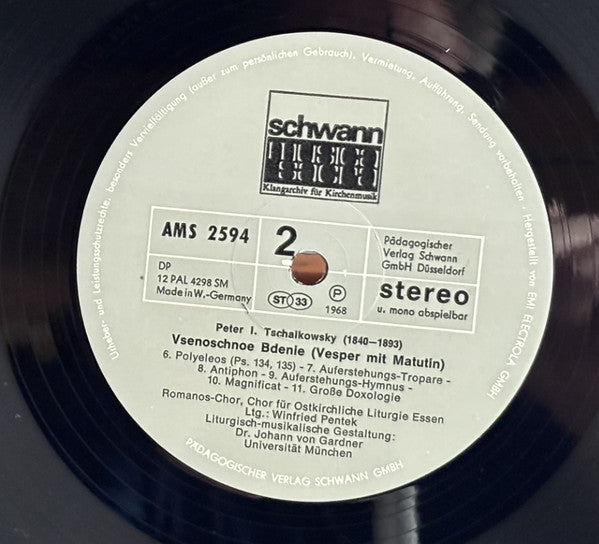 Peter I. Tschaikowsky*, Winfried Pentek, Prof. Dr. Joh. v. Gardner*, Romanoschor Essen* : Wsenoschnaja - Vesper Und Feierliche Matutin (LP)