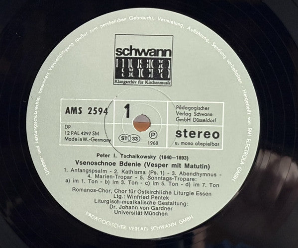 Peter I. Tschaikowsky*, Winfried Pentek, Prof. Dr. Joh. v. Gardner*, Romanoschor Essen* : Wsenoschnaja - Vesper Und Feierliche Matutin (LP)
