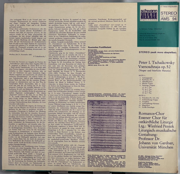 Peter I. Tschaikowsky*, Winfried Pentek, Prof. Dr. Joh. v. Gardner*, Romanoschor Essen* : Wsenoschnaja - Vesper Und Feierliche Matutin (LP)