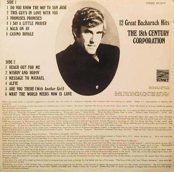 The 18th Century Corporation : 12 Great Bacharach Hits (LP, Album, RE)