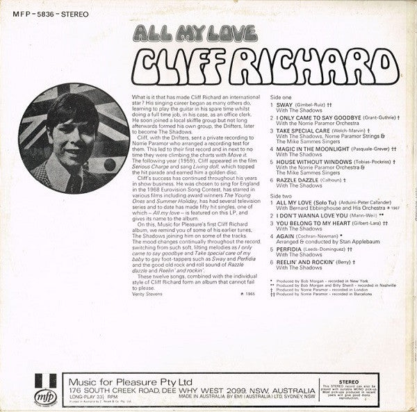 Cliff Richard : All My Love (LP, Album, RE)
