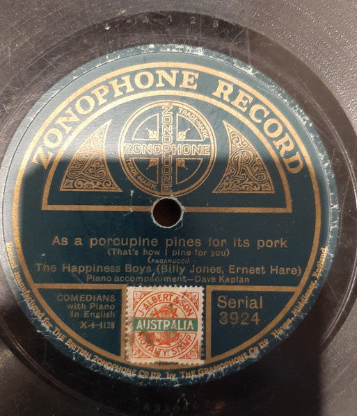 The Happiness Boys (2) : I Miss My Swiss (My Swiss Miss Misses Me). (From Baleiff's "Chauve-Souris")/ As A Porcupine Pines For Its Pork (Thats How I Pine For You) (Shellac, 10")