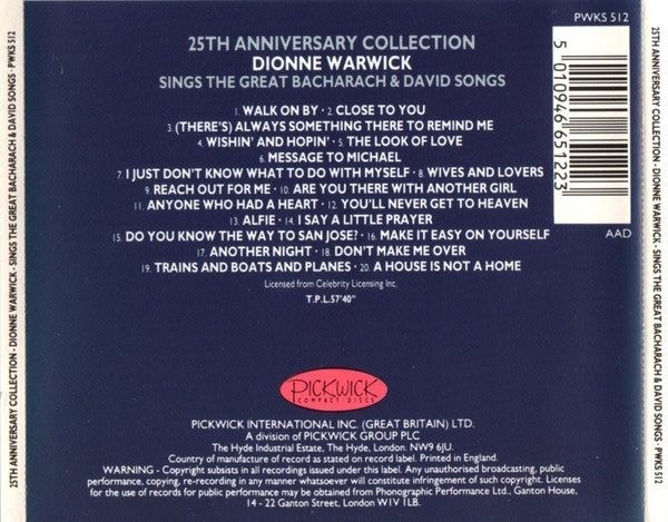 Dionne Warwick : 25th Anniversary Collection: Dionne Warwick Sings The Great Bacharach & David Songs (CD, Comp, RM)