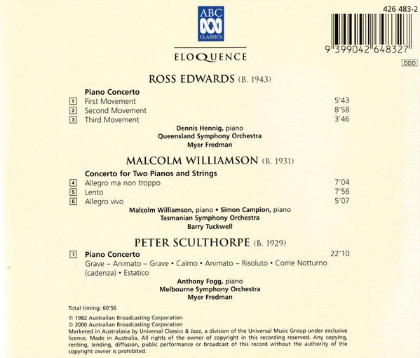 Peter Sculthorpe / Ross Edwards / Malcolm Williamson -- Dennis Hennig, Anthony Fogg, Malcolm Williamson, Simon Campion, Barry Tuckwell, Myer Fredman : Australian Piano Concertos (CD, Comp, RE, RM)
