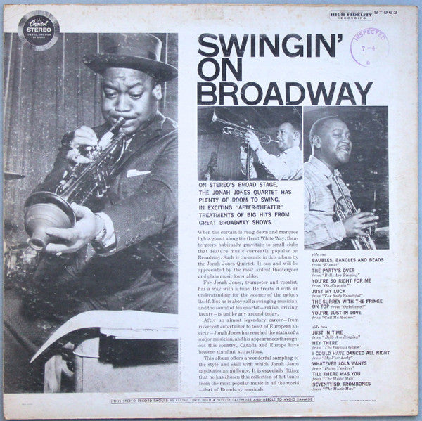 The Jonah Jones Quartet : Swingin' On Broadway (LP, Album, Scr)