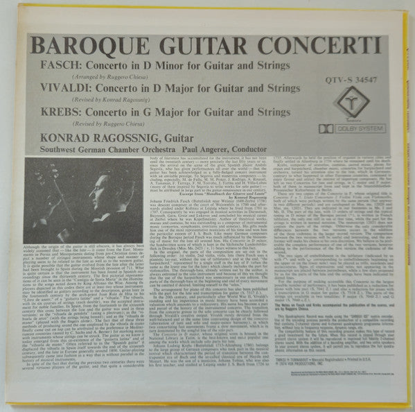 Antonio Vivaldi ■ Johann Friedrich Fasch ■ Johann Ludwig Krebs - Konrad Ragossnig - Südwestdeutsches Kammerorchester, Paul Angerer : Baroque Guitar Concerti (LP, Quad, RE)