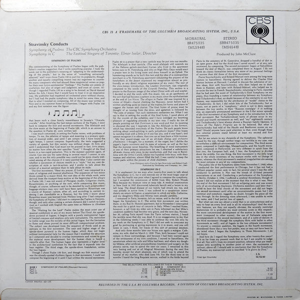 Stravinsky* - The CBC Symphony Orchestra*, The Festival Singers Of Toronto*, Elmer Iseler : Stravinsky Conducts Symphony Of Psalms / Symphony In C (LP, Mono)