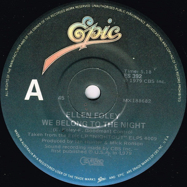 Ellen Foley : We Belong To The Night (7", Single)