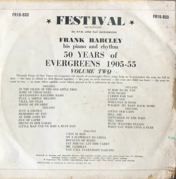 Frank Barcley His Piano And Rhythm : 50 Years Of Evergreens 1905 - 1955 - Volume Two (10", Comp)