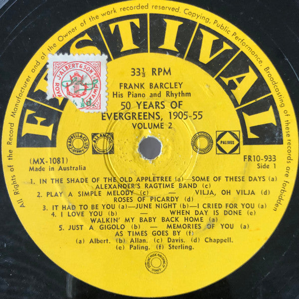 Frank Barcley His Piano And Rhythm : 50 Years Of Evergreens 1905 - 1955 - Volume Two (10", Comp)