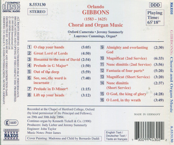 Gibbons*, Oxford Camerata, Jeremy Summerly, Laurence Cummings : Choral And Organ Music (CD, Album)