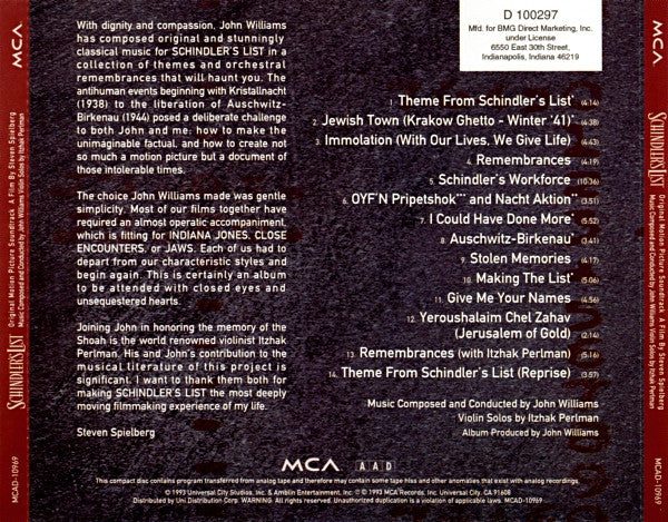 John Williams (4) : Schindler's List (Original Motion Picture Soundtrack) (CD, Album, Club)