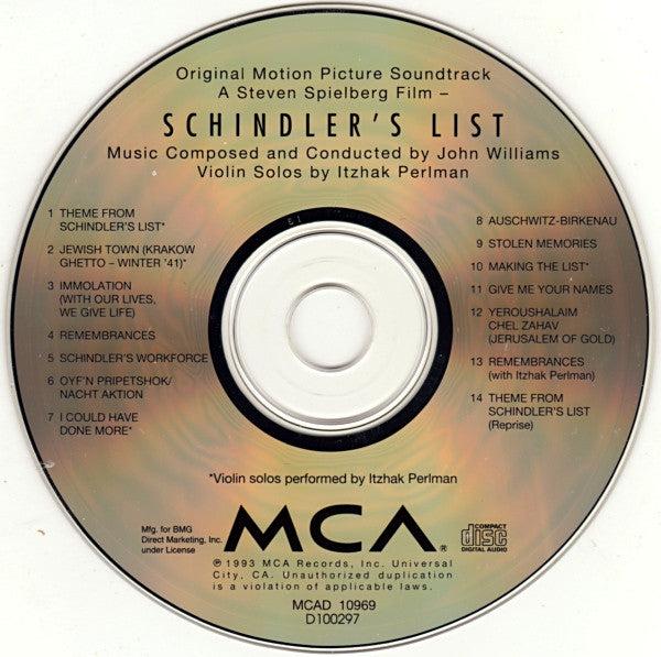 John Williams (4) : Schindler's List (Original Motion Picture Soundtrack) (CD, Album, Club)
