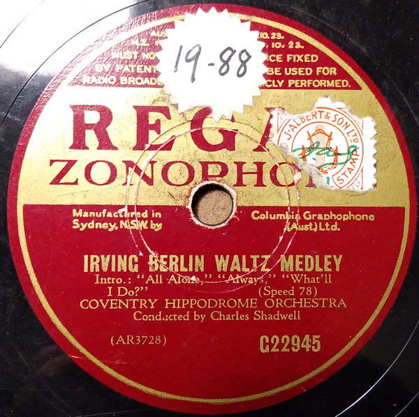 Coventry Hippodrome Orchestra : Irving Berlin Waltz Medley / Welcome Vienna (Shellac, 10")