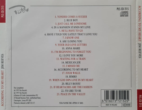 Jim Reeves : According To My Heart (CD, Comp, RE)