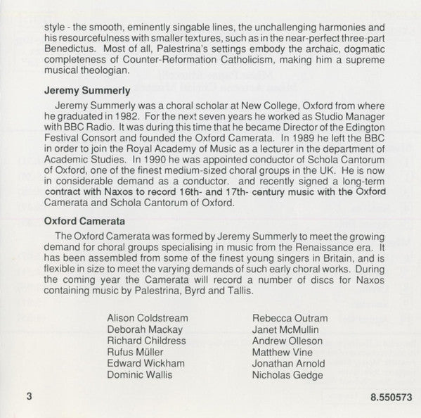 Palestrina* - Oxford Camerata, Jeremy Summerly : Missa Papea Marcelli • Missa Aeterna Christi Munera (CD, Album, RP)