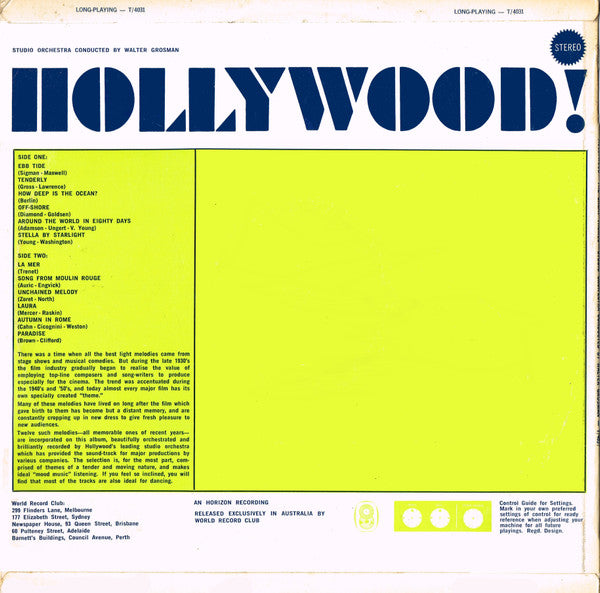 Studio Orchestra Conducted By Walter Grosman : Hollywood! The Great Themes (LP, Album, Club)