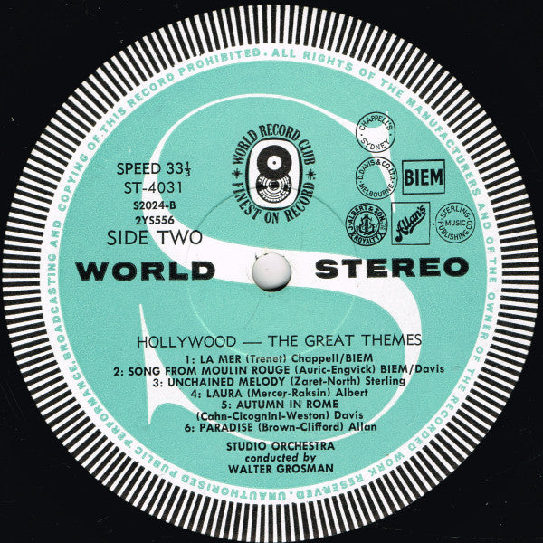 Studio Orchestra Conducted By Walter Grosman : Hollywood! The Great Themes (LP, Album, Club)