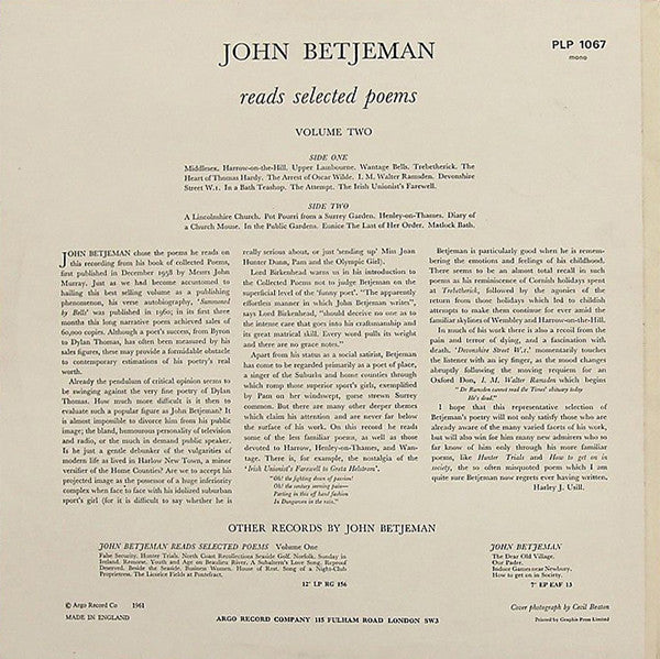 John Betjeman : John Betjeman Reads Selected Poems (Volume Two) (LP, Mono, RE)