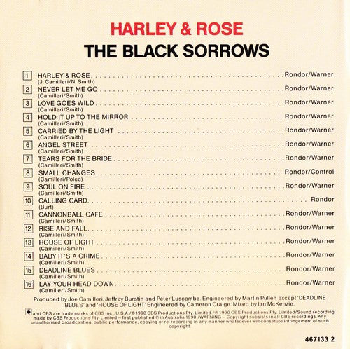The Black Sorrows : Harley And Rose (CD, Album, Dis)