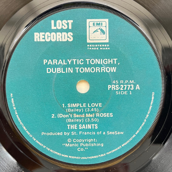 The Saints (2) : Paralytic Tonight, Dublin Tomorrow (7", EP, Yel)